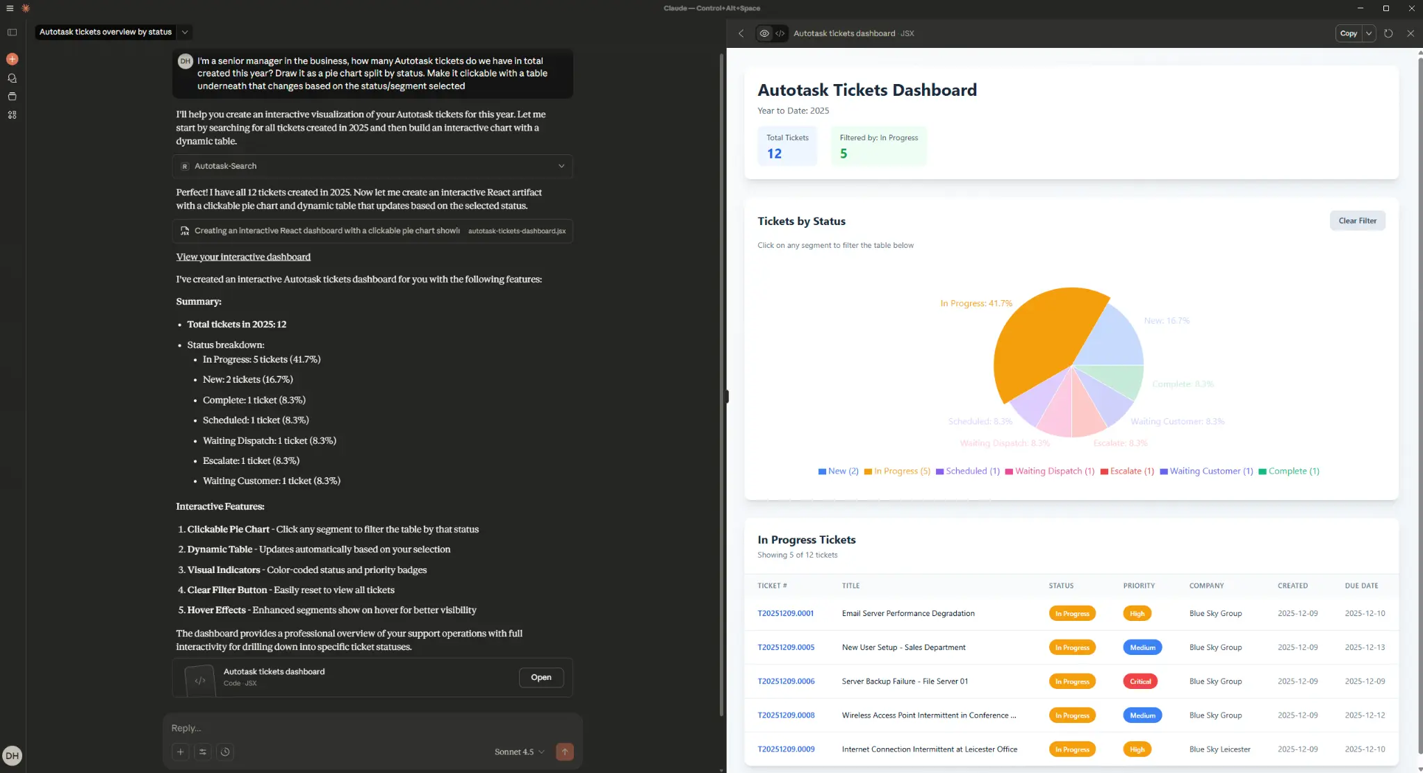 Claude AI creating an interactive Autotask tickets dashboard with pie chart and dynamic table